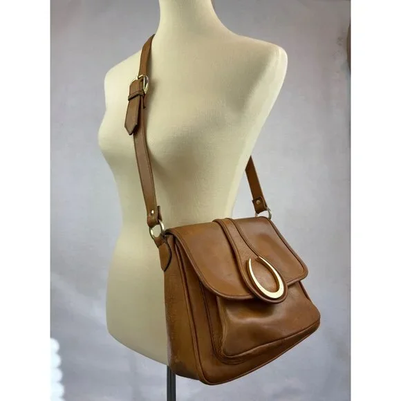 Vintage Tan Leather Crossbody Bag Gold Horseshoe Adjustable Strap - Picture 6 of 14